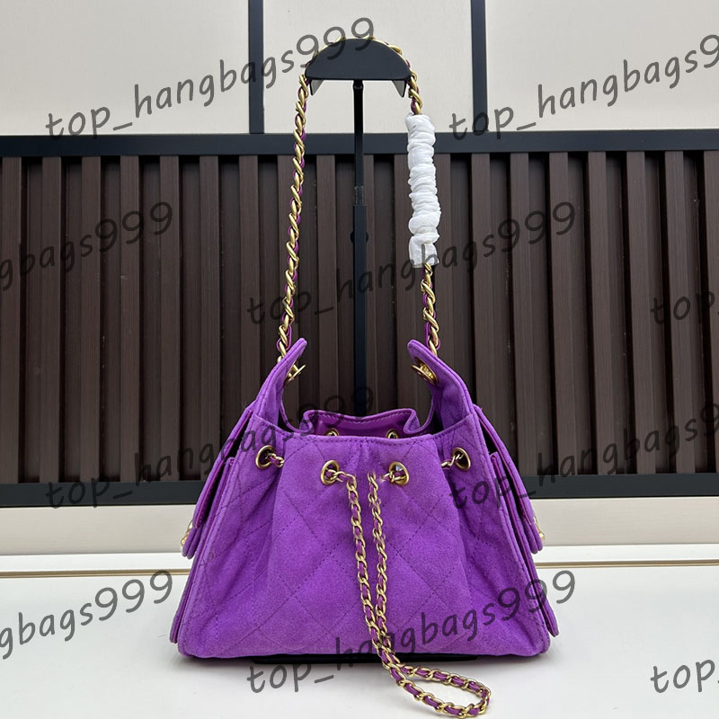 26C ladies Underarm Mini Bucket Bag Shoulder bags Pleated Suede Designer Square Pockets Gold Metal Adjustable Chain Length Genuine leather Purse Sacoche 22X20cm