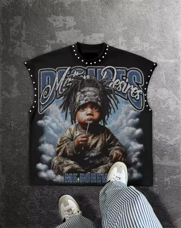 Y2K popular round neck vest retro punk hip-hop loose print Pure top classic loose sleeveless T-shirt