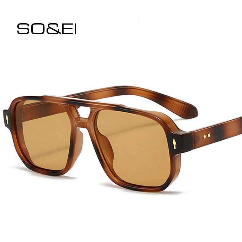 SO&EI Retro Double Bridges Square Women Sunglasses Fashion Clear Ocean Gradient Lens Shades UV400 Men Rivets Punk Sun Glasses H260129