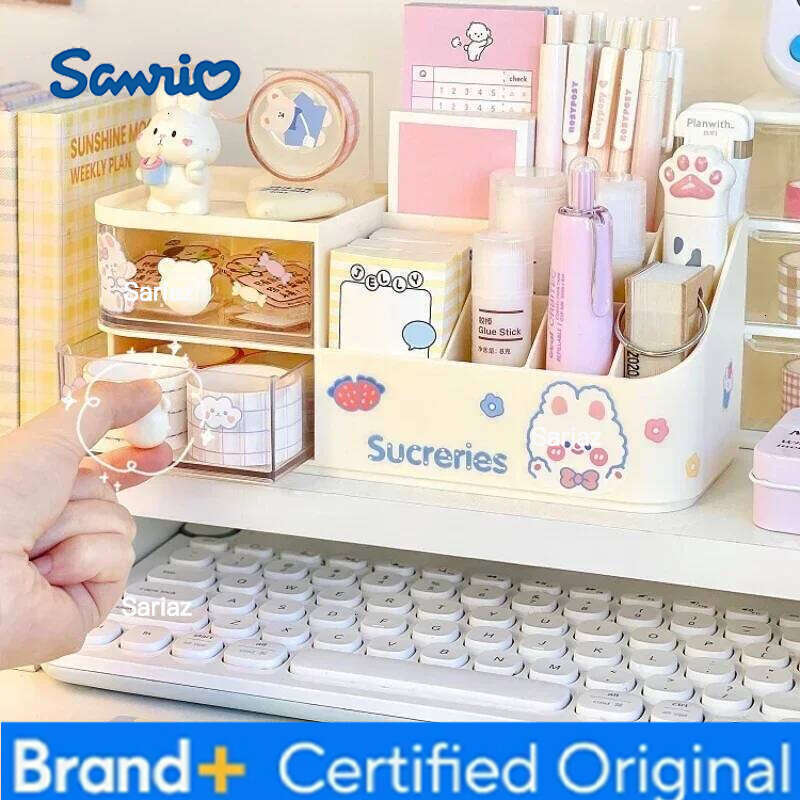 Sanrio Desktop Storage Box Cute Bear Handle Drawer Type Desk Organizer Multi-grid Pen Holder with Kawaii Stickers H260129 H260129