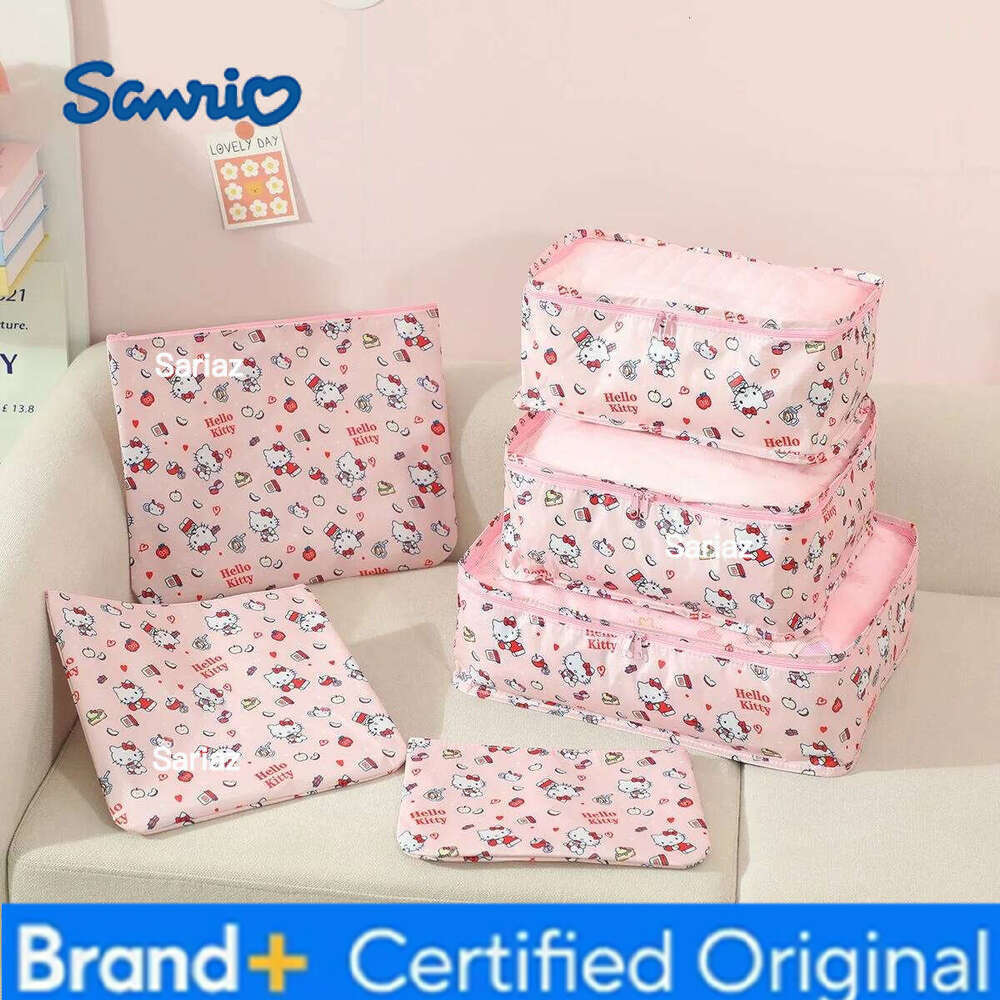 Sanrio 6pcs Set of Kawaii Japanese Angel Classification Cartoon Korean Fashion Pink Bow Cat Travel Storage Bag Gift H260129
