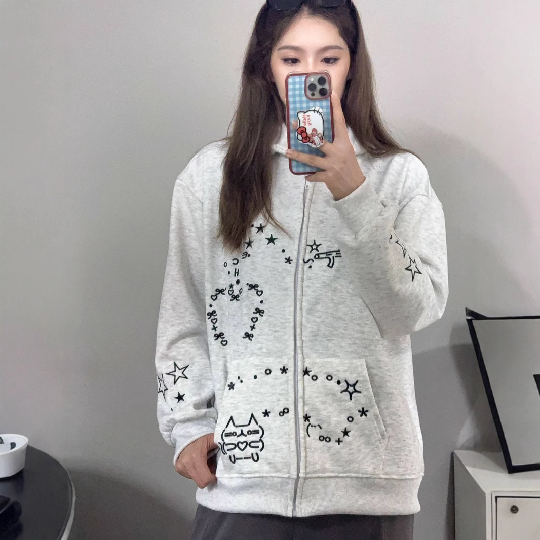 Womens Sweatshirt Cat White Gray Cardigan Hooded Autumn Winter Fleece Loose Lazy Style Zipper Jacket Trendy Long Sleeve 241008