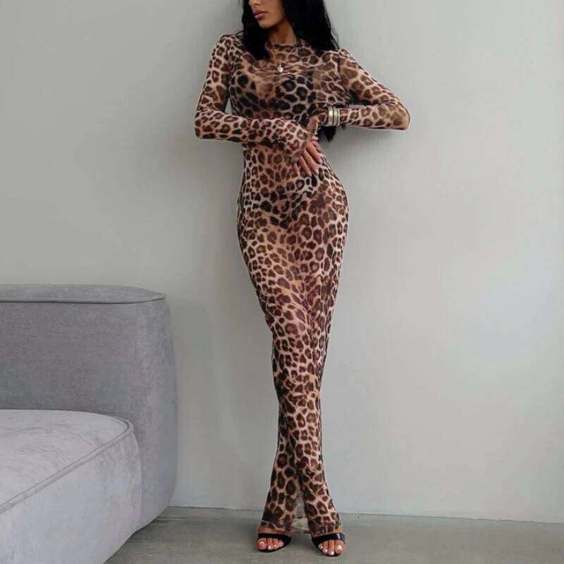 Fashion Spring and Autumn Season Crew Neck Leopard Print Long Elegant Slim Sexy Semi-transparent Women's Dress