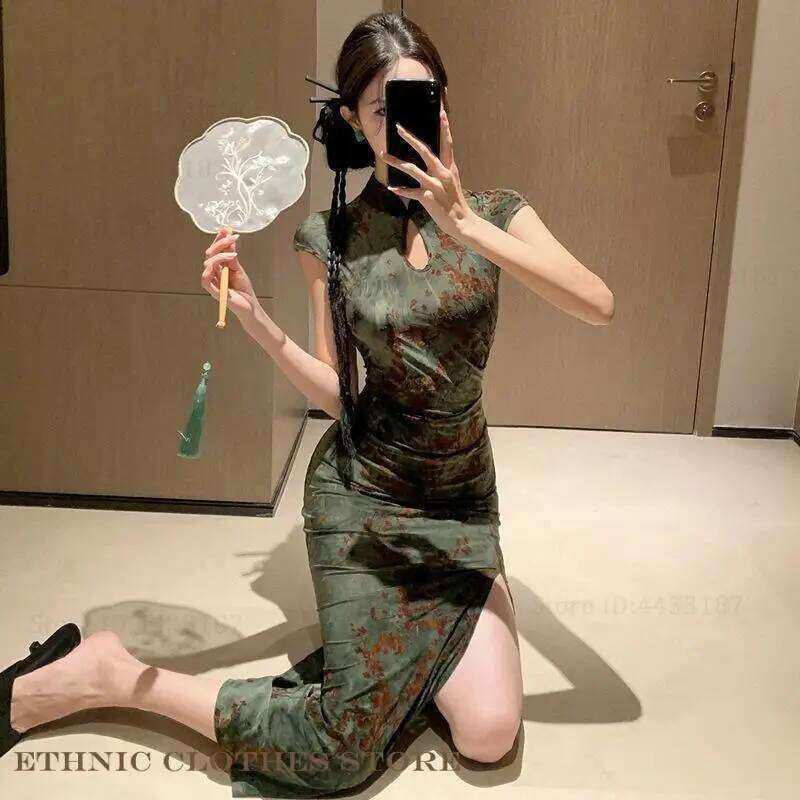 Qipao Vintage Green Floral Bodycon Cheongsam Sexy Improved Chinese Female Vestidos Evening Party Dress DREAM RECALL