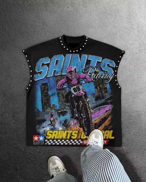 Y2K popular round neck vest retro punk hip-hop loose print Pure top classic loose sleeveless T-shirt