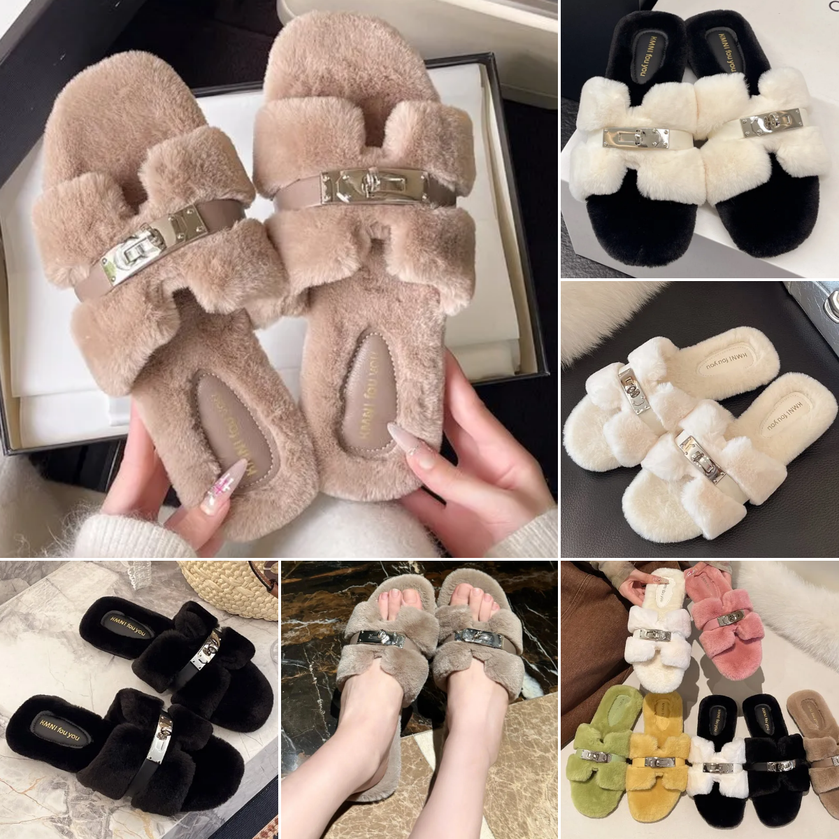 Women's slippers New autumn winter fashion flat bottom fluffy slippers Comfort Warm Plush Inner liner ladies Silver Buckles Chic Home shoes Size 