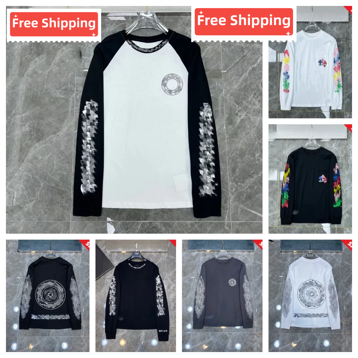Free Shipping designer t shirt long sleeve t shirts mens Hip hop loose long sleeves tees classic printed pattern design mens black white shirts men designer tshirts