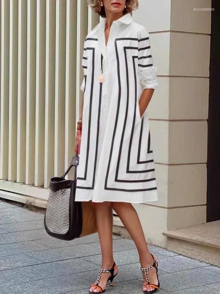 Casual Dresses Uoozee Female Stylish Black White Contrast Color Elegant Evening 2026 Spring Long Sleeves Lapel Shirts Dress