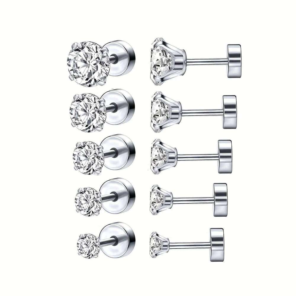 1 Pair 316L Stainless Steel Silvery Zircon Decor Ear Bone Piercing Stud Earrings With Flat Back Nap 2/3/4/5/6/7/8mm 26W0129
