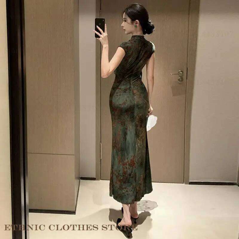 Qipao Vintage Green Floral Bodycon Cheongsam Sexy Improved Chinese Female Vestidos Evening Party Dress DREAM RECALL