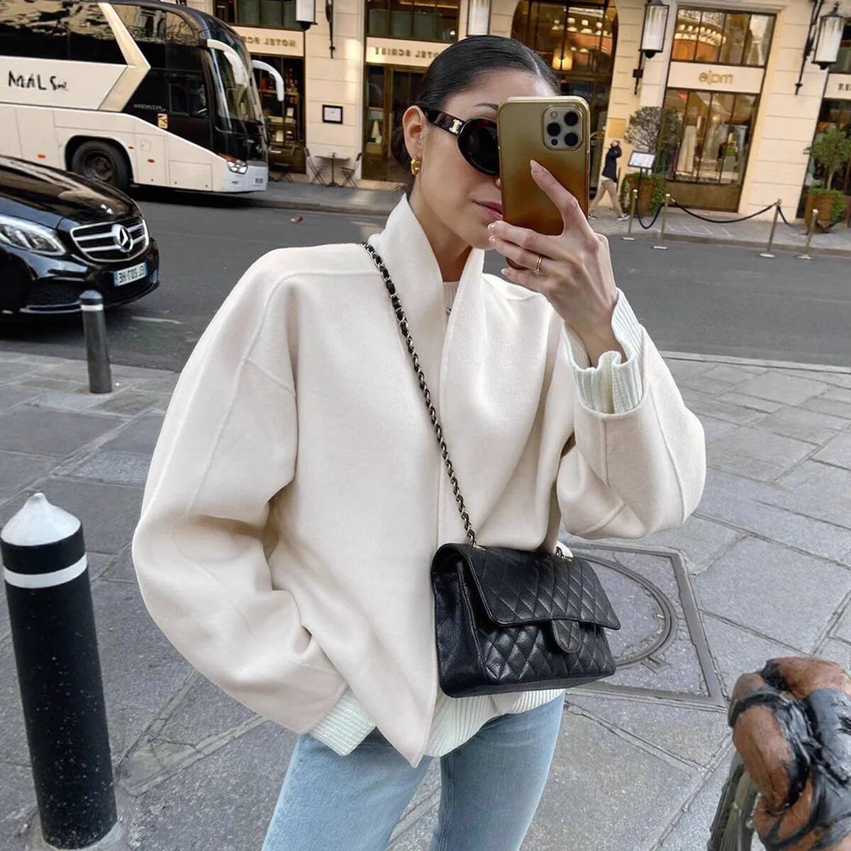 Elegant Autumn Women's Woolen Jacket V-Neck Spliced Long Sleeve Short Outwear For Lady Commuting Slouchy-Style Female's Cardigan ddmynov