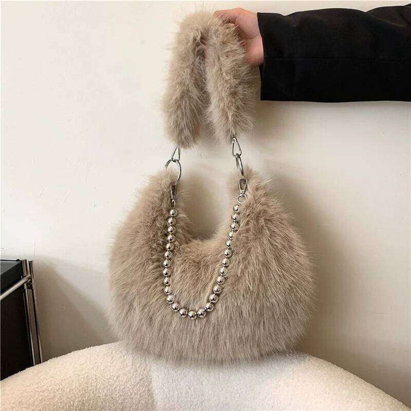 Plush Women Armpit Purse Chain Fluffy Versatile Shoulder Faux Fur Fashion Underarm Ladies Winter Crossbody Hobo Bag