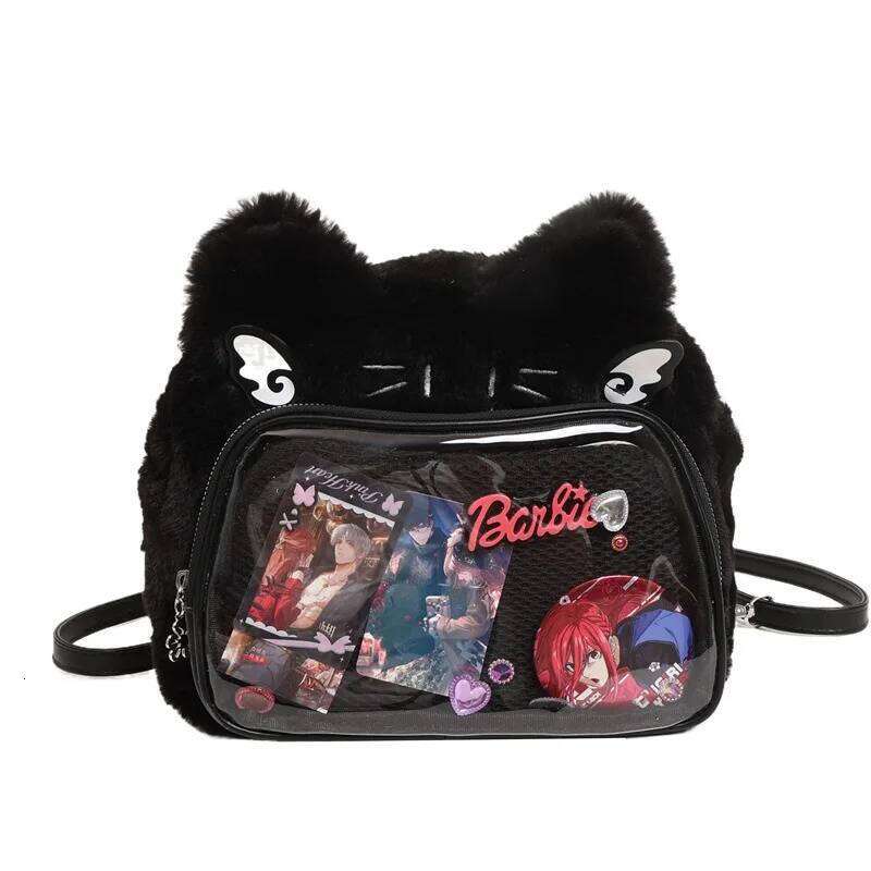 Cross-border plush double shoulder messenger bag student party soft cute cat small food allowance suede pain b