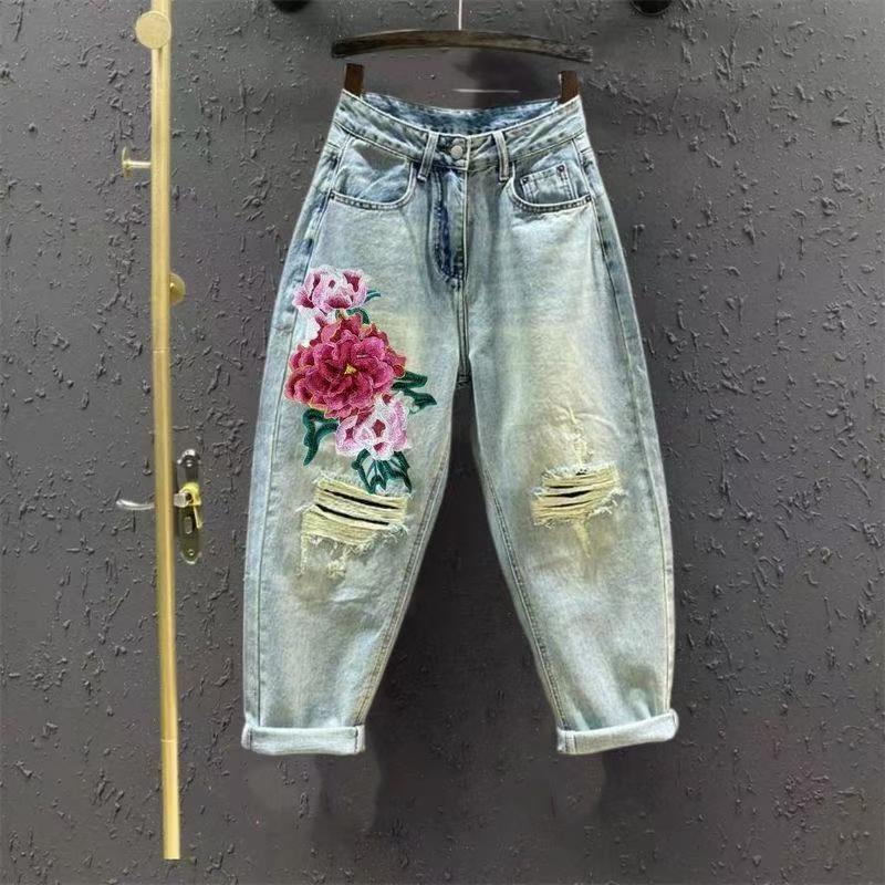 2024 Summer Style National Style Embroidered Plus Size Womens Denim Harem Pants High Waist Ripped Loose Casual Nine 250809