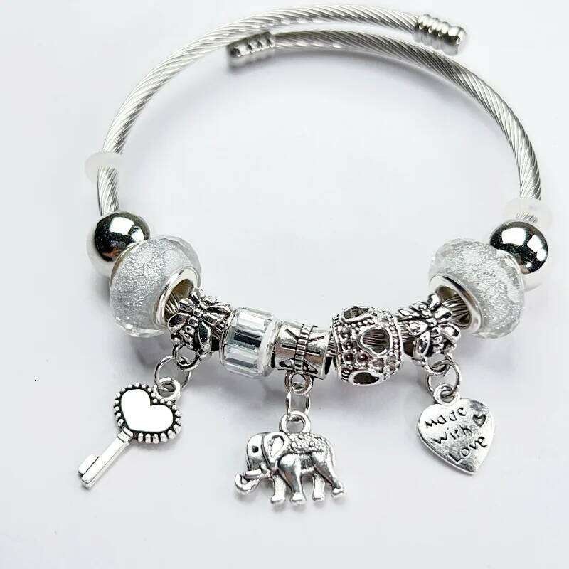 Adjustable Silver Color Alloy Elephant Heart Pendant Artificial Zircon Bangle Round Bead Bracelet Cuff for Women Elegant Wedding H260129