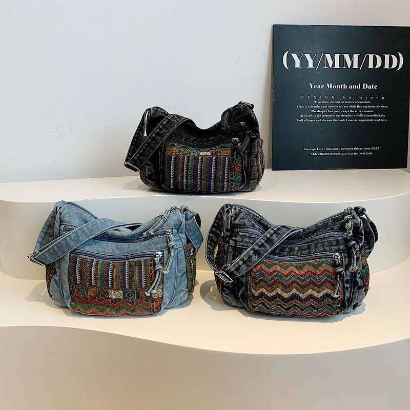 Ethnic Style Denim Tote Women 2025 Embroidery Handbag Large Capacity Crossbody Purse Boho Shoulder Bag for Ladies XJ260129