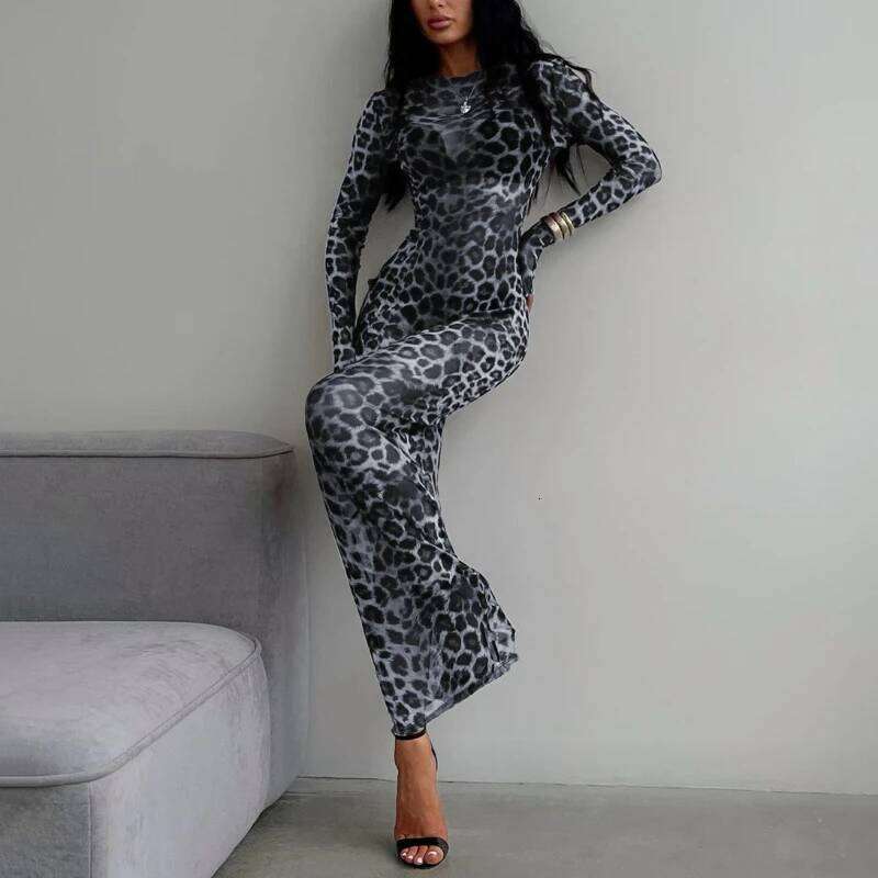 Fashion Spring and Autumn Season Crew Neck Leopard Print Long Elegant Slim Sexy Semi-transparent Women's Dress