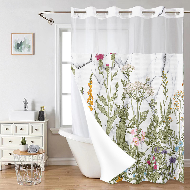 YL-38241 Digital Printed Double-Layer Large Ring Polyester Shower Curtain - Waterproof and Mildew-Proof, Floral Pattern Bathroom Curtain