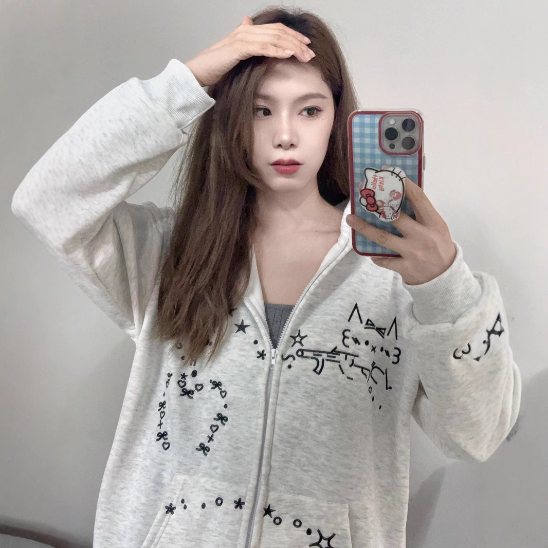 Womens Sweatshirt Cat White Gray Cardigan Hooded Autumn Winter Fleece Loose Lazy Style Zipper Jacket Trendy Long Sleeve 241008