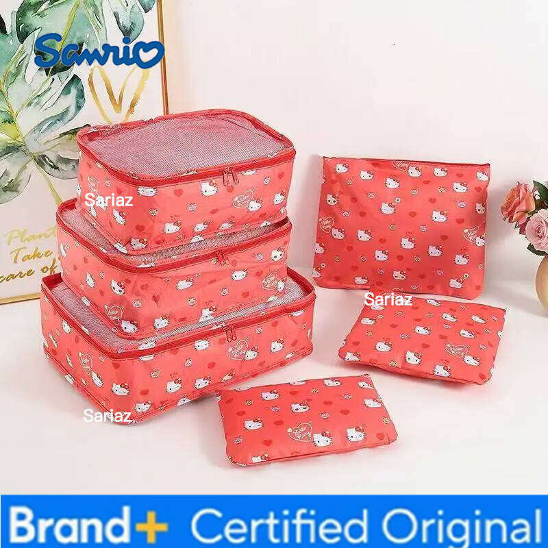 Sanrio 6pcs Set of Kawaii Japanese Angel Classification Cartoon Korean Fashion Pink Bow Cat Travel Storage Bag Gift H260129