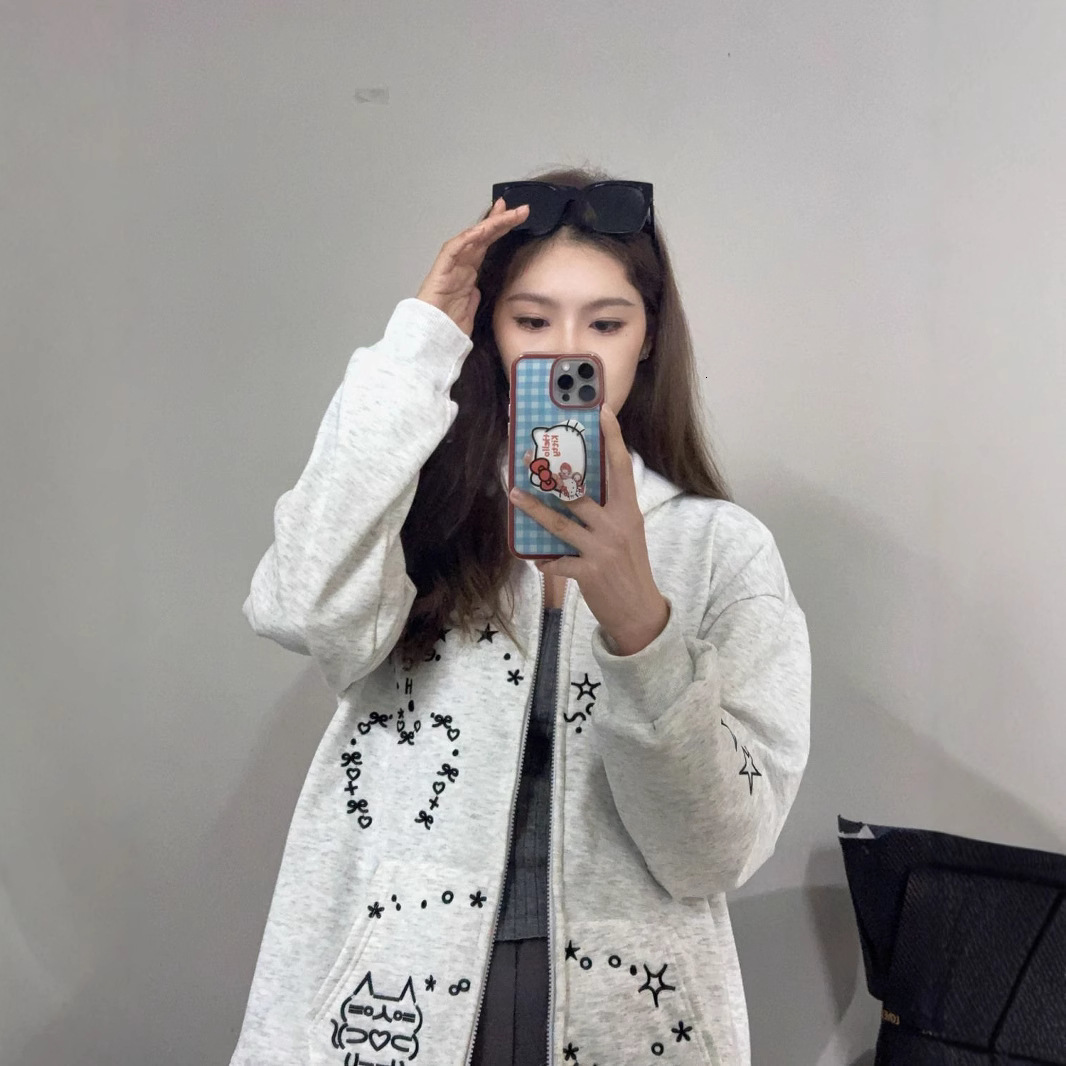 Womens Sweatshirt Cat White Gray Cardigan Hooded Autumn Winter Fleece Loose Lazy Style Zipper Jacket Trendy Long Sleeve 241008