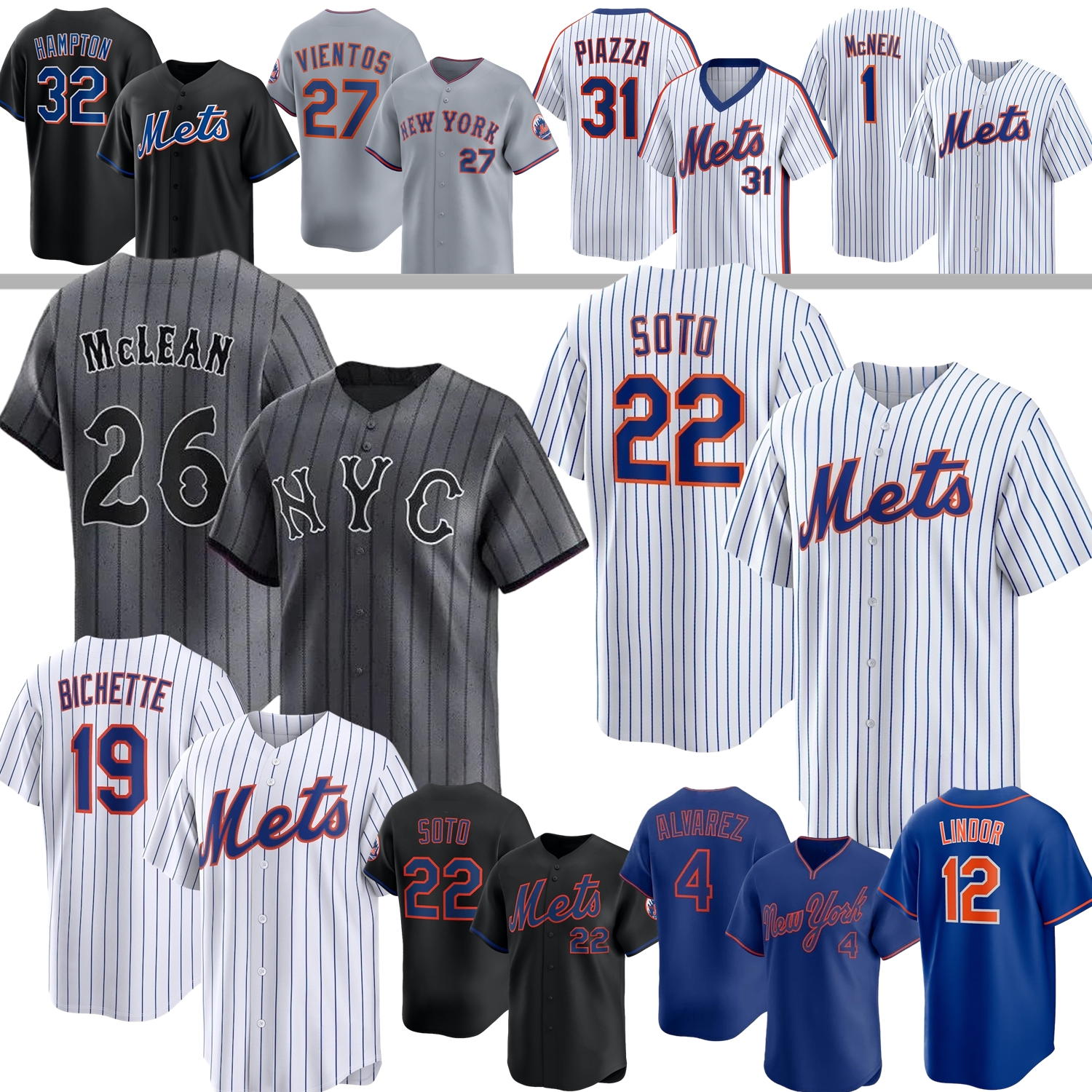 NY Jersey Mets Juan Soto Francisco Lindor Bo Bichette Nolan McLean Alvarez Mark Vientos Marcus Semien Wright Kodai Senga Brett Baty Polanco Gooden Hernandez Custom