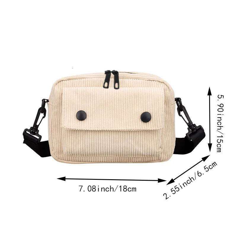 Neutral men's and women's cross-body bag shoulder strap, made of corduroy material, with a flap design on the outside.