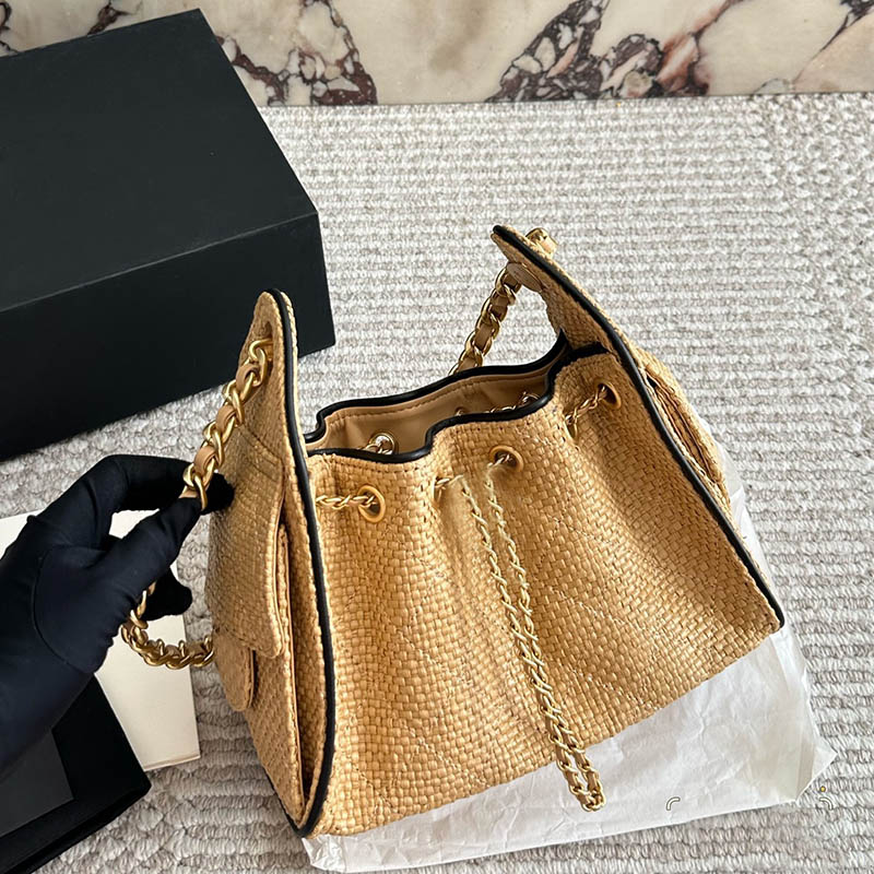 Women Designer Straw Drawstring Shoulder Bucket Bag Two-tone Leather Stripes Gold Letters Hardware Adjustable Golden Buckle Matelassel Chain Cross Tote 22cm