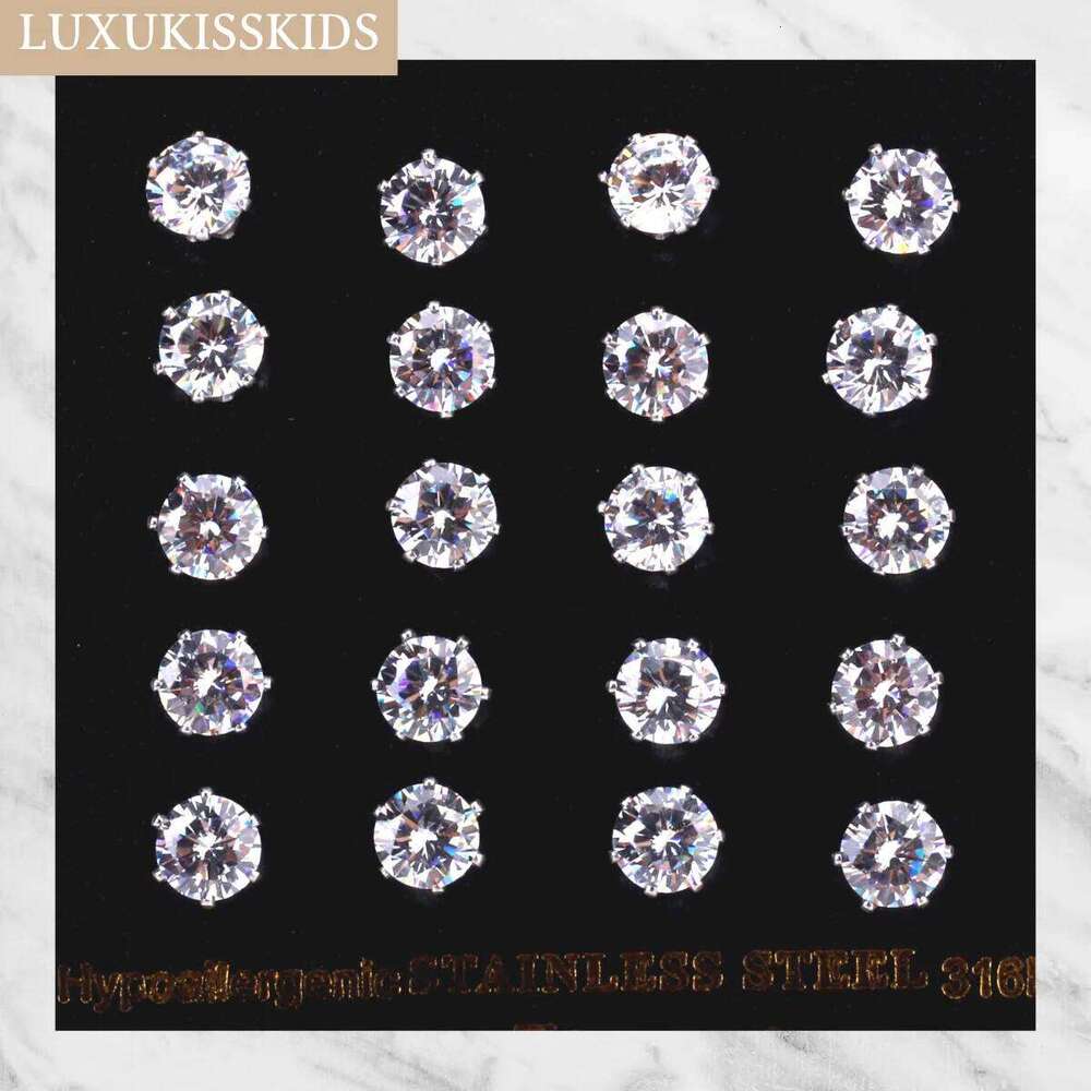 LUXUKISSKIDS Luxury Clearly Round CZ Stud Earrings 10pairs/lot Sets For Woman Man Stainless Steel Silver Color Fashion Jewelry 26W0129