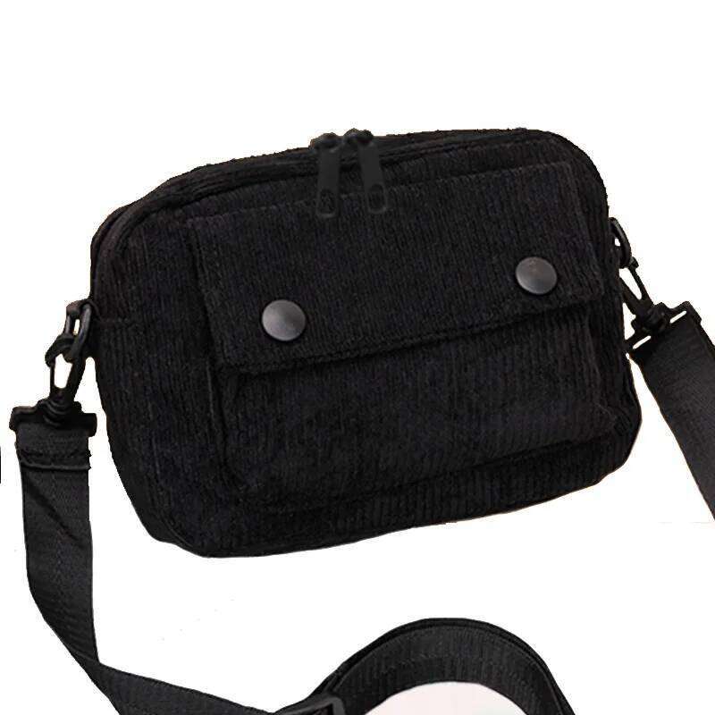Neutral men's and women's cross-body bag shoulder strap, made of corduroy material, with a flap design on the outside.