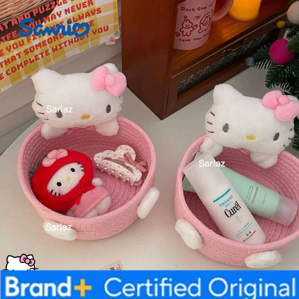 Sanrio New Hello Kitty 50th Anniversary Cosmetics Box Accessories Handmade Cotton Rope Weaving Storage Basket Desktop Girl Gift H260129
