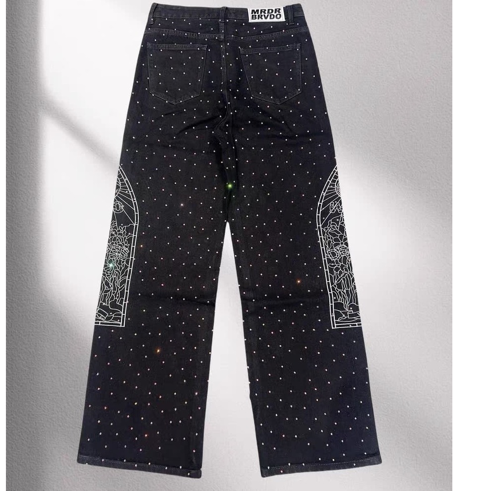 Luxury Brand Designer Clothes Exclusive American High Street Trendy Brand New Straight Loose Black Diamond Multi-Pocket Hot Diamond Full Diamond Black