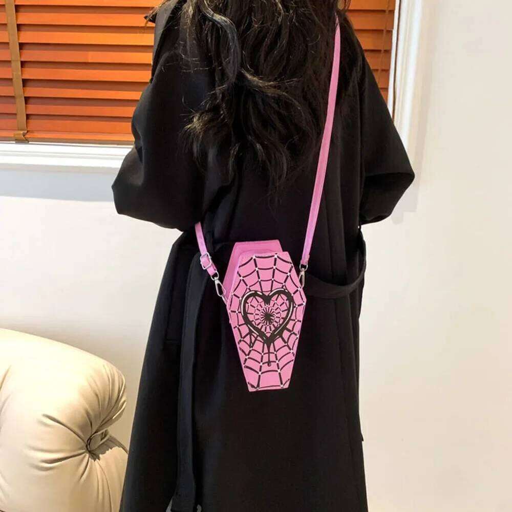 Women Fashion Shoulder Large Capacity Coffin Shaped Casual Satchel Adjustable Strap Spider Web PU Leather Chic Hobo Bag