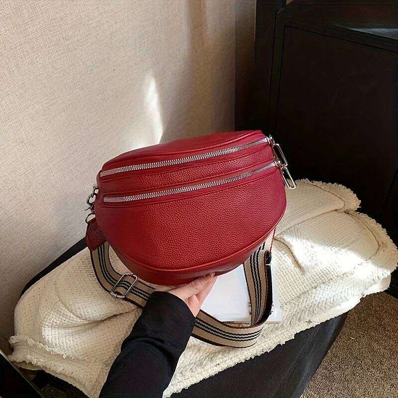 High Looks, Simple Fashion, Double Zipper Fanny Pack Daily Commuting with A Wide Strap Leather Shoulder Bag