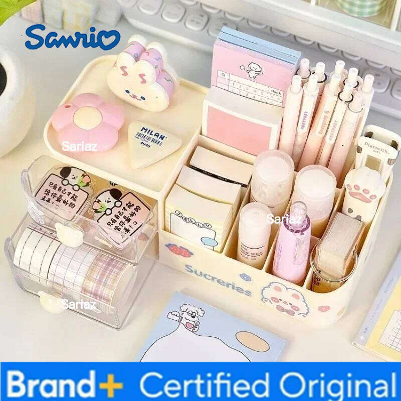 Sanrio Desktop Storage Box Cute Bear Handle Drawer Type Desk Organizer Multi-grid Pen Holder with Kawaii Stickers H260129 H260129