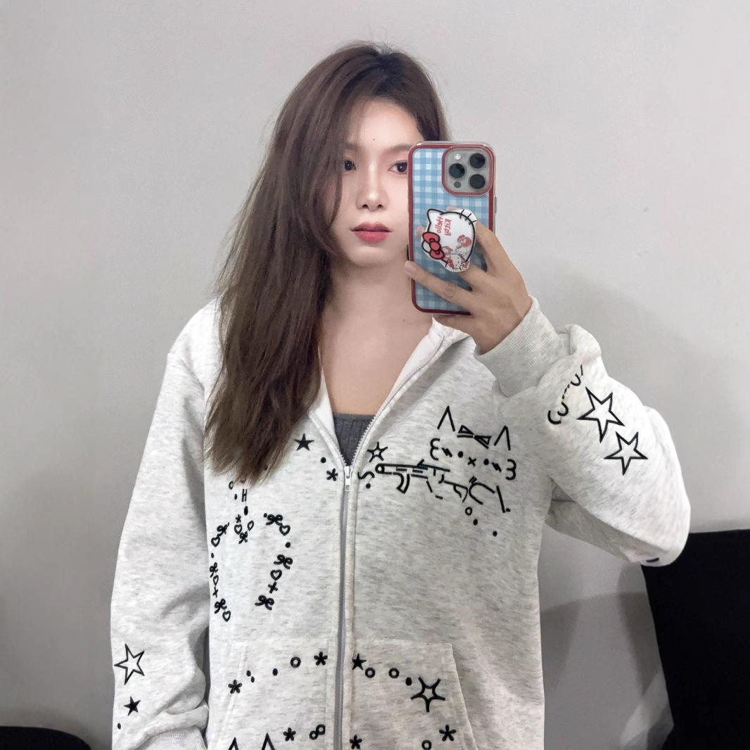 Womens Sweatshirt Cat White Gray Cardigan Hooded Autumn Winter Fleece Loose Lazy Style Zipper Jacket Trendy Long Sleeve 241008