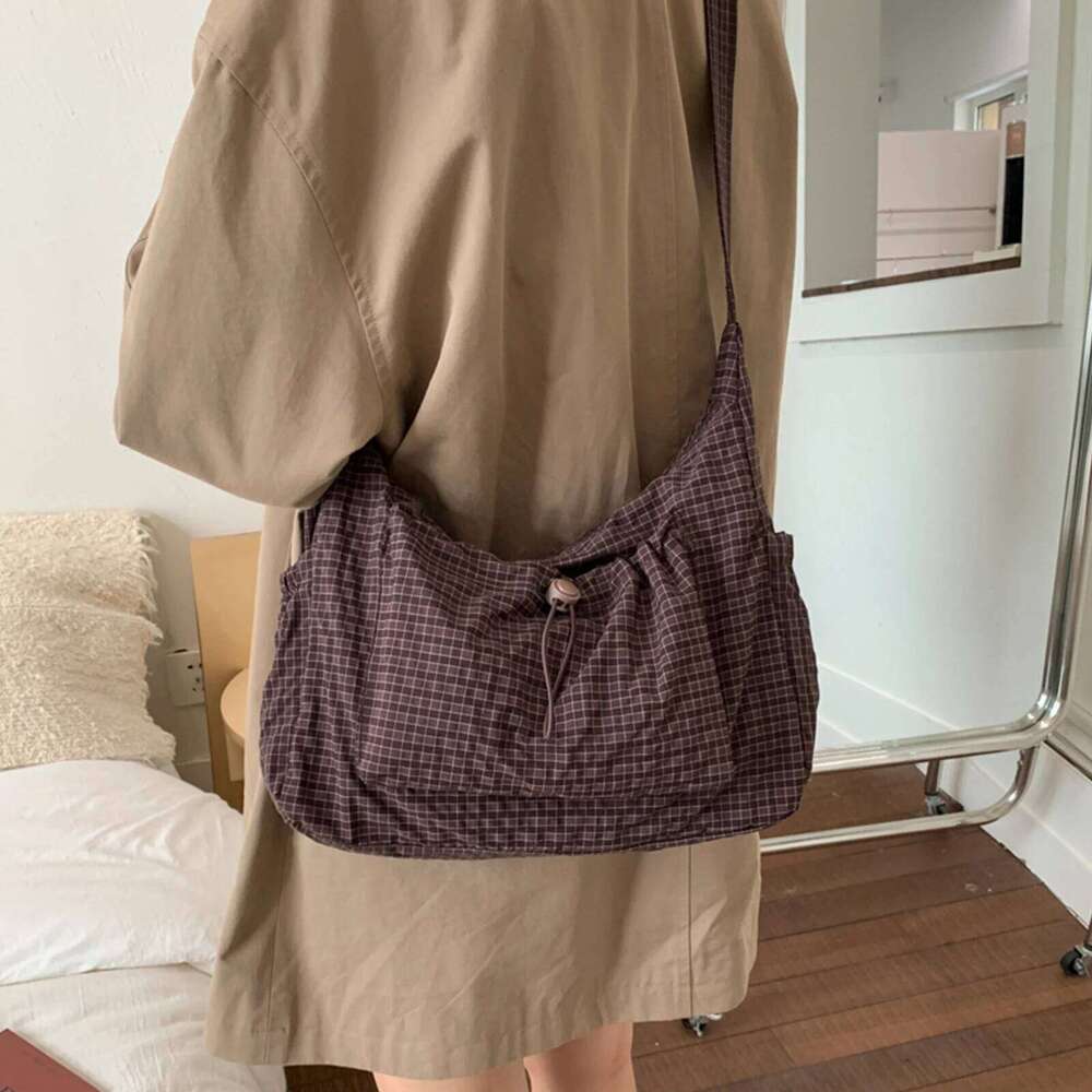 Women Checkered Sling Nylon Pleated Cloud Shoulder Large Capacity Stylish Plaid Tote Bag Shopping Date Handbag
