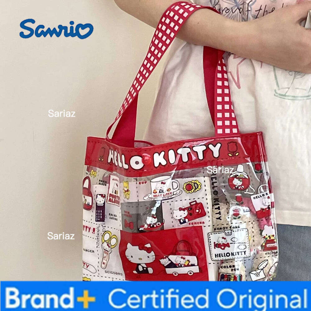 Sanrio Kawaii Cartoon Red Hello kitty Handbag Girl Cute PVC Transparent Large Capacity Portable Makeup Storage Bag H260129