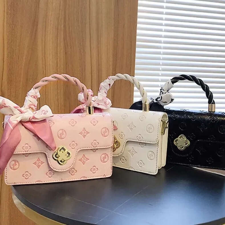 handbag womens Elegant Embossed Pattern Small Square Bag luxury Flap Ribbon Top-handle Bag bags pink ladies crossbody White Black Clutch 9a
