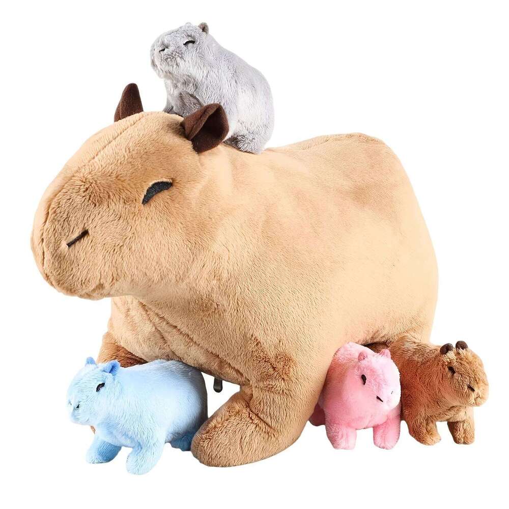 Kawaii Simulation Animal-13.38'' Mommy Capybara with 4 Baby Stuffed Animals Inside Zipper Tummy Y260128
