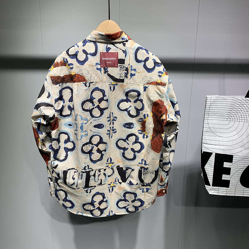 Men's Turn-Down Shirt Japanese Retro Full-Print Long-Sleeve for Autumn Version Loose Fashionable Personality