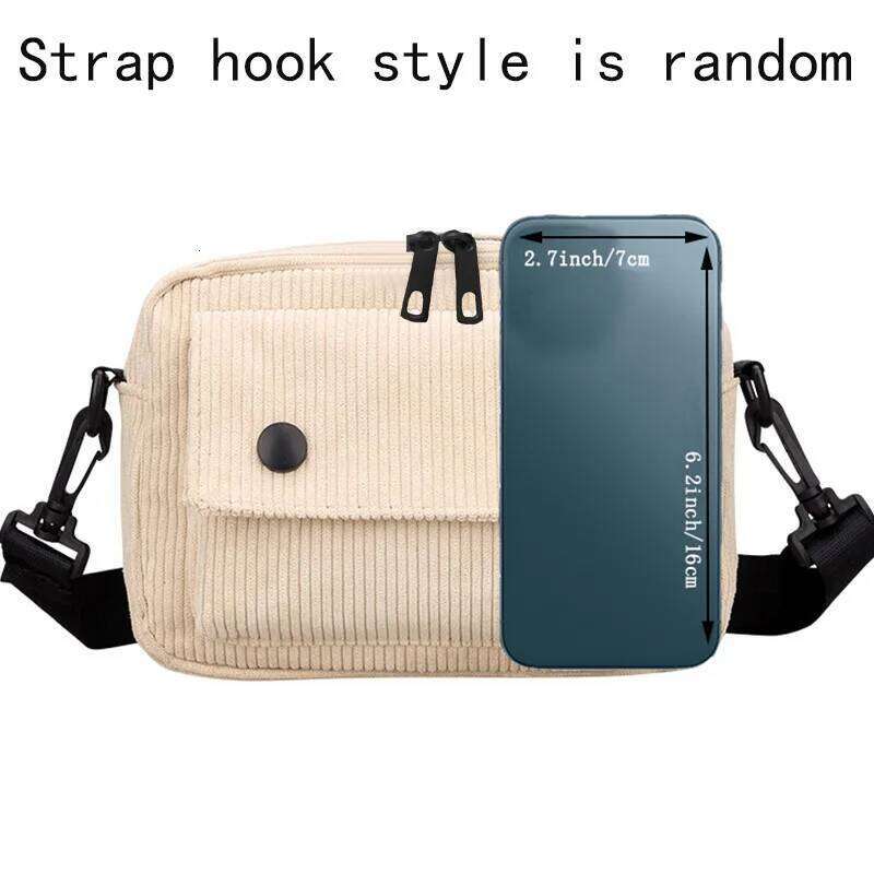 Neutral men's and women's cross-body bag shoulder strap, made of corduroy material, with a flap design on the outside.