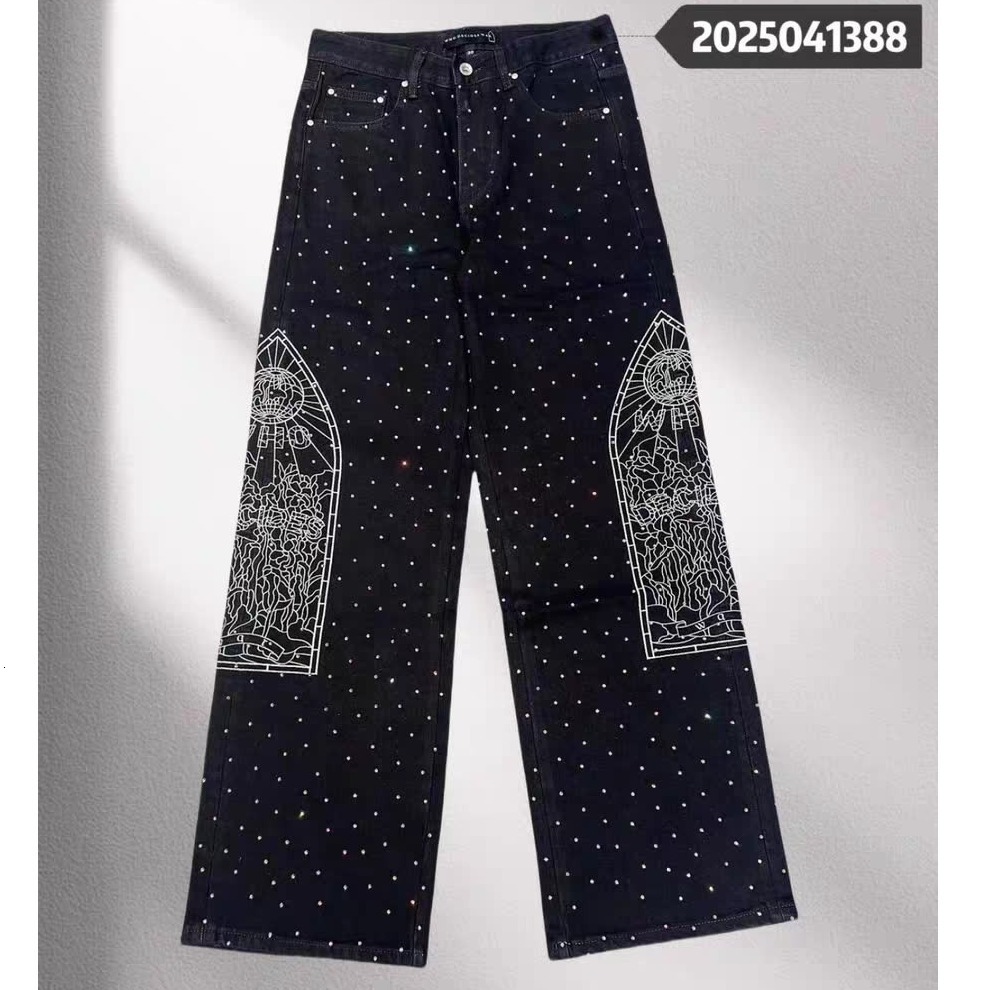 Luxury Brand Designer Clothes Exclusive American High Street Trendy Brand New Straight Loose Black Diamond Multi-Pocket Hot Diamond Full Diamond Black
