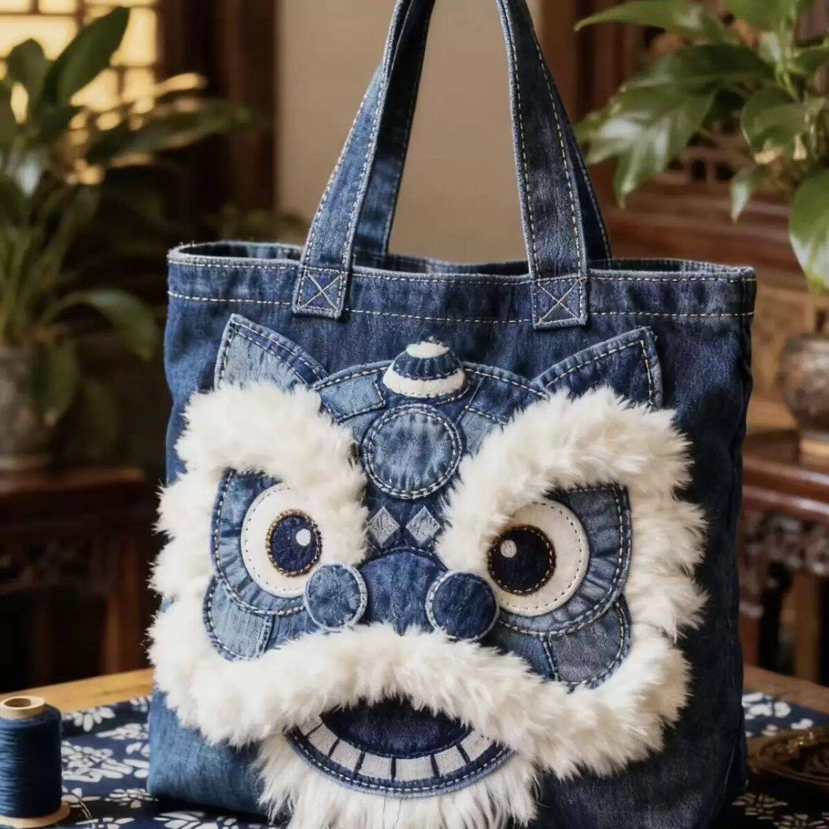 designer Women Bag New Autumn Winter Limited Edition Denim Lion Tote Bag High-Value National Style Niche Three-Dimensional High-End Large Capacity Cro