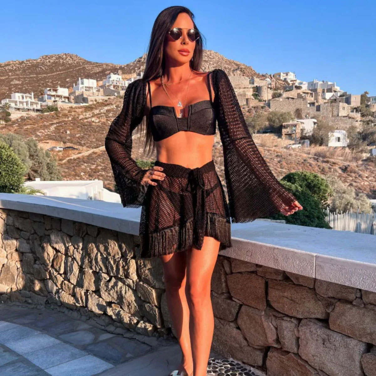 2026 New Style Three-piece Bikini Short Skirt Set Long Sleeve Separate Swimsuit for Women, Sexy, Pure Black, European and American StyleXJ250120