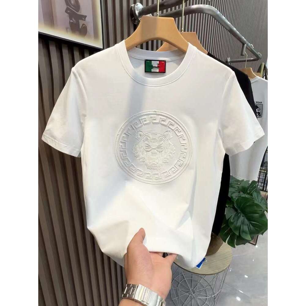 Summer New Men's Youth Embroidered Tiger Head Sequin Short T-Shirt Round Neck Trendy Slim Fit Half Sleeve
