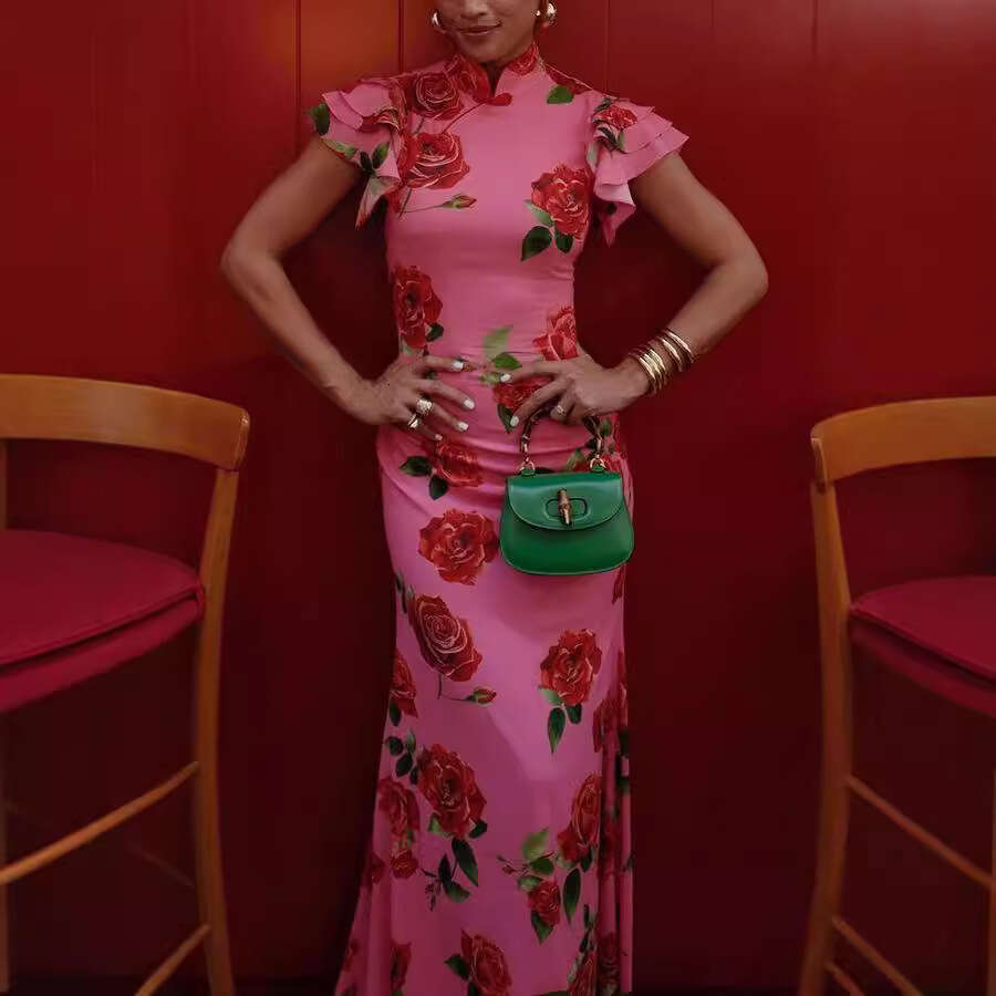 Women's Cap Ruffles Sleeve Rose Floral Print Bodycon Sexy Prom Commuting Long Dress Summer Fashion Slim Lady Party Dresses National Style New Chi