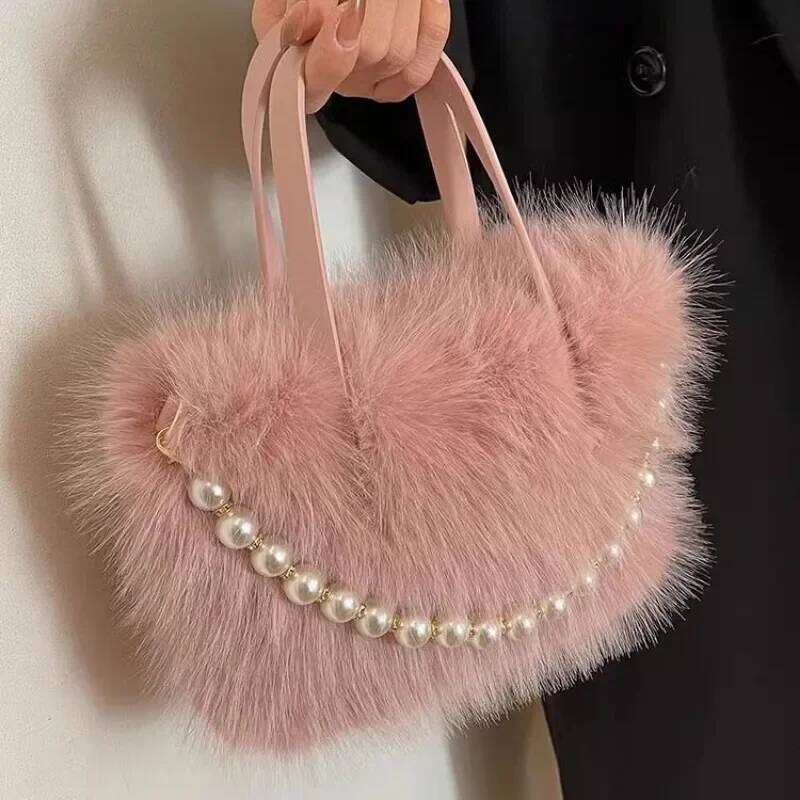 Winter Fashion Faux Fur Crossbody Bags for Women's Gift, Pearl Chain Decor Shoulder Bag, Ladies Handbags Top-handel Bag XJ260129