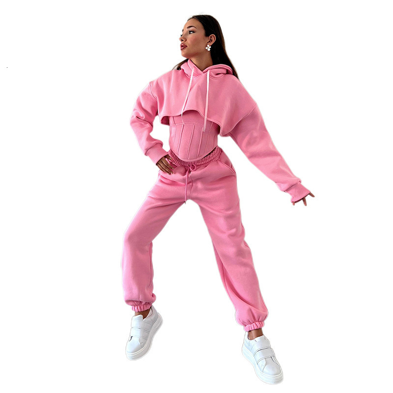 Autumn Fishbone Vest Hooded Long Pants ThreePiece Set Women Long Sleeve Outerwear Patchwork Fashion Long Pants Set 250917