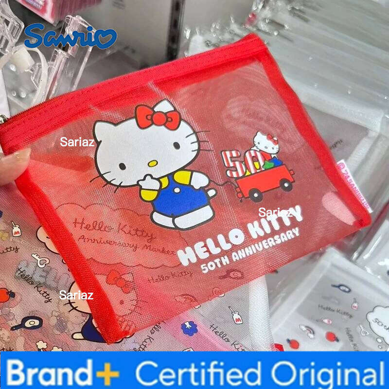 Sanrio Kawaii Charm Net Fabric Makeup Portable Cute Korean Japanese Aesthetic Hello Kitty Storage Bag Gift H260129